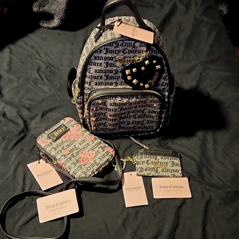 Juicy Couture Gothic printed 3 piece Mini Backpack, Cellphone Crossbody Bag Coin